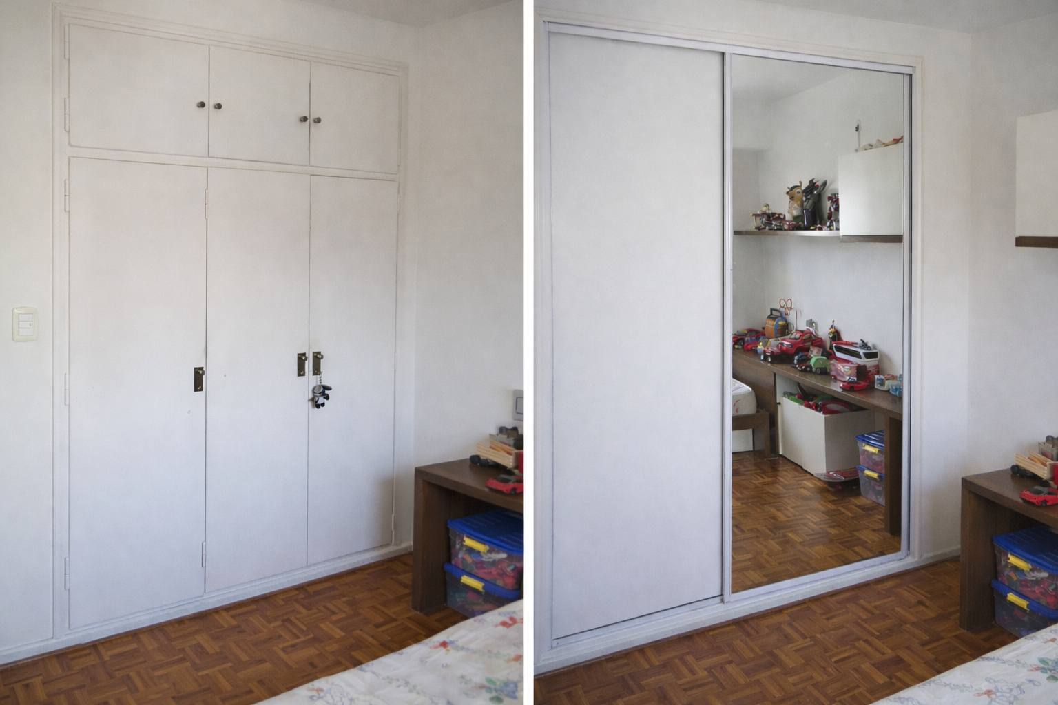 Antes y después de la renovación del frente de placard: sistema tradicional rebatible versus frente corredizo moderno en un mismo dormitorio.