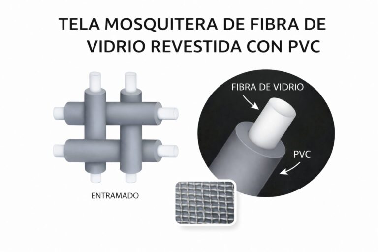 Infografía horizontal de tela mosquitera de fibra de vidrio revestida en PVC con esquema del entramado, detalle del núcleo y recubrimiento, y muestra real de la malla.