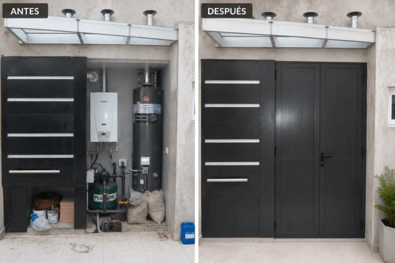 Antes y después de la instalación de un cerramiento de aluminio a medida para ocultar y proteger equipos técnicos en una vivienda.
