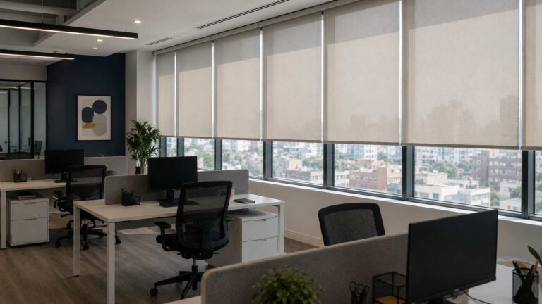 Oficina corporativa moderna con cortinas roller screen para control de luz natural y reducción de reflejos en pantallas