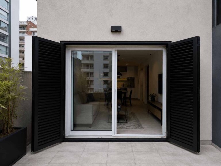 Postigos de aluminio negros de abrir protegiendo una puerta-ventana de gran tamaño en una vivienda moderna de estilo urbano.