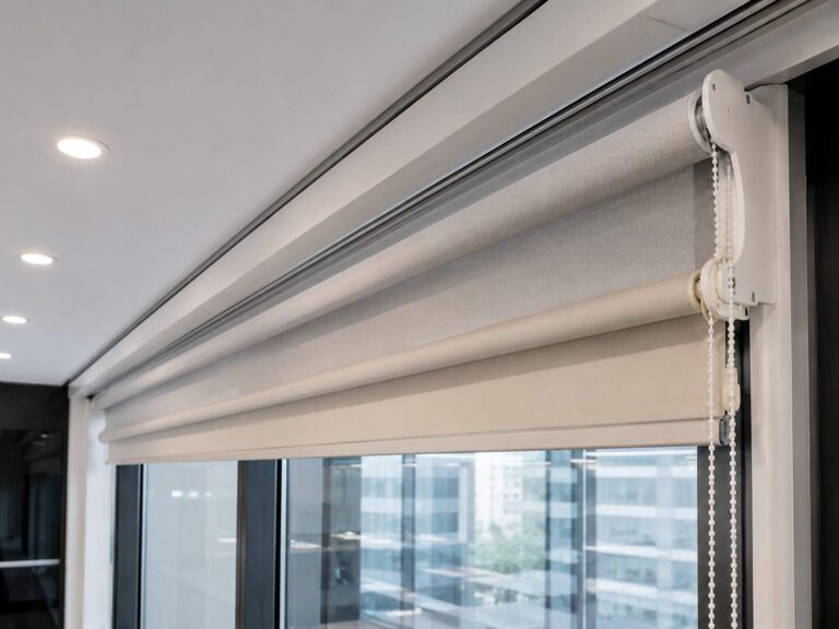 Sistema dual de cortinas roller con tela screen y blackout instalado en una oficina corporativa