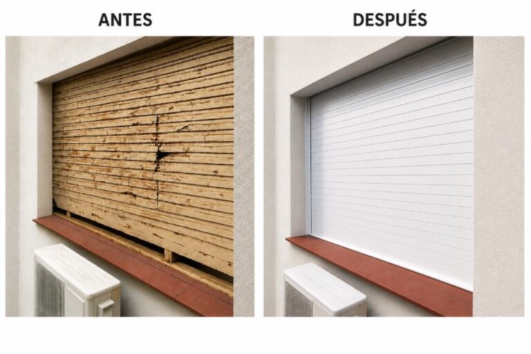 Comparativa antes y después del reemplazo de una persiana deteriorada por una nueva persiana enrollable.
