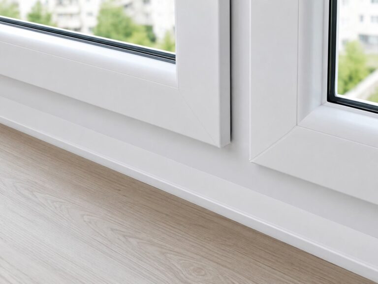 Detalle de una ventana corrediza de PVC blanco que muestra el perfil y la terminación del marco.