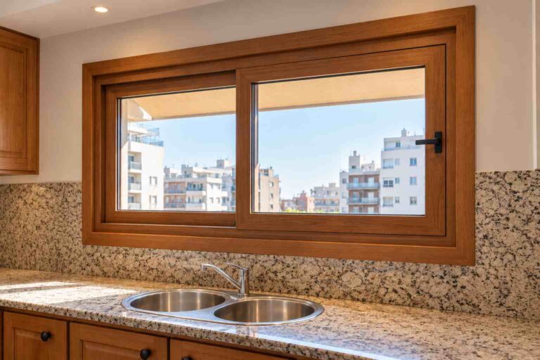 Ventana de PVC REHAU símil madera instalada sobre la mesada de una cocina en una renovación realizada por RAL Aluminio.